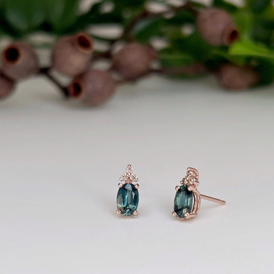 ‘Trinity’ Australian Teal Oval-Cut Sapphire & Champagne Diamond Earring Earrings Jason Ree Design