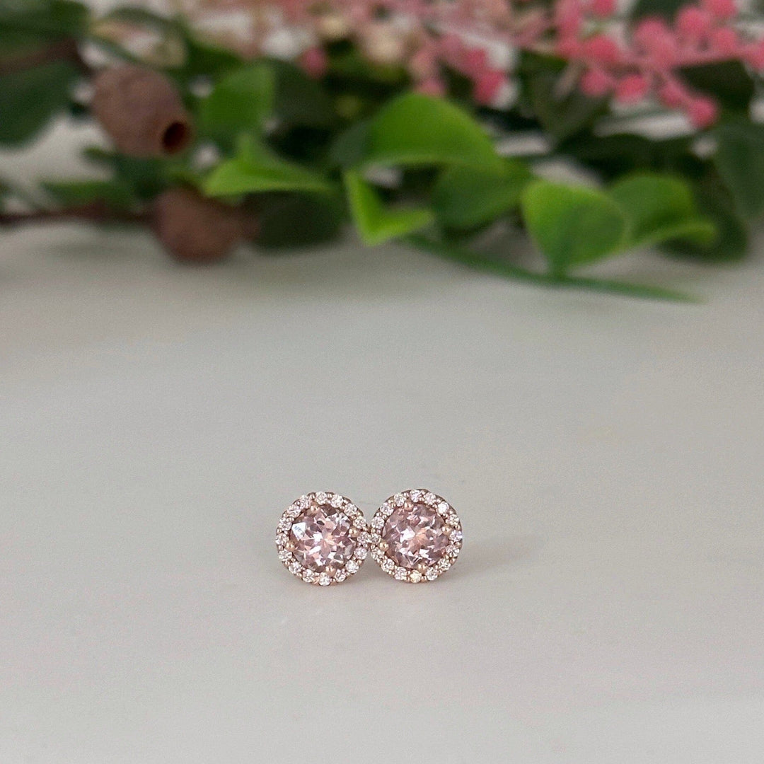 ‘Angelica’ Morganite & Diamond Halo Rose Gold Earrings Earrings Jason Ree Design 