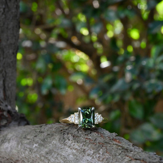 ‘Lillian’ 1.97ct Australian Green Emerald-Cut Sapphire & Diamond Ring Ring Jason Ree Design