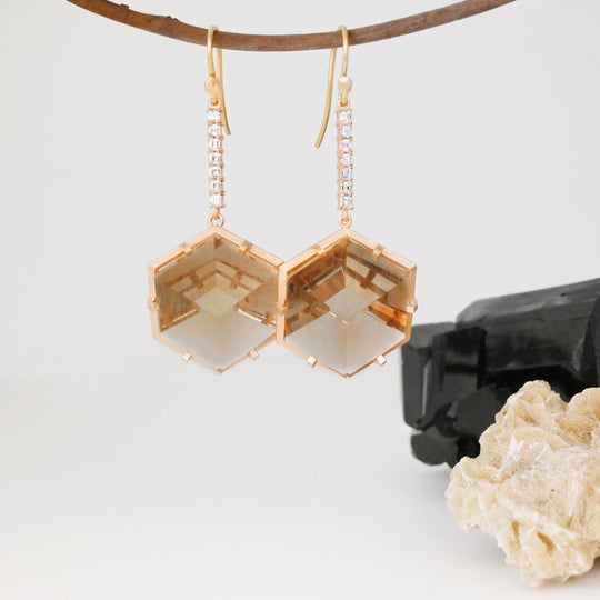 ‘Geode’ Rutilated Champagne Quartz & Diamond Drop Rose Gold Earrings