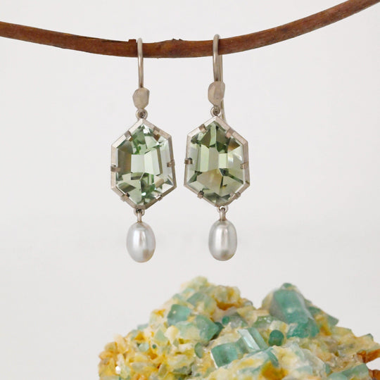 ‘Peak’ Prasiolite & Silver Pearl White Gold Earrings