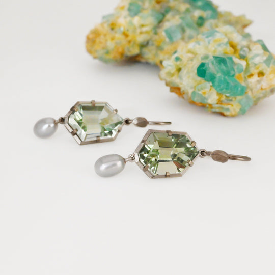 ‘Peak’ Prasiolite & Silver Pearl White Gold Earrings