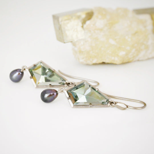 ‘Summit’ Prasiolite & Black Pearl White Gold Earrings Earrings Jason Ree Design
