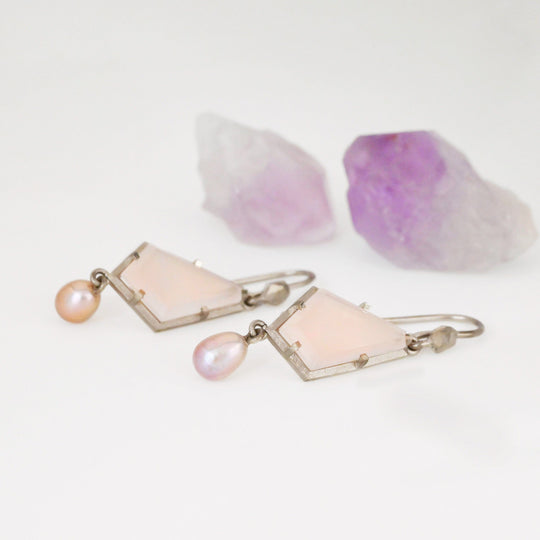 ‘Summit’ Rose Quartz & Pink Pearl Drop White Gold Earrings Earrings Jason Ree Design