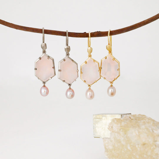 ‘Peak’ Rose Quartz & Pink Pearl Drop White Gold Earrings