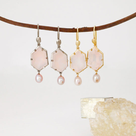 ‘Peak’ Rose Quartz & Pink Pearl Yellow Gold Earrings
