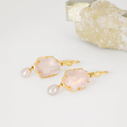 ‘Peak’ Rose Quartz & Pink Pearl Yellow Gold Earrings