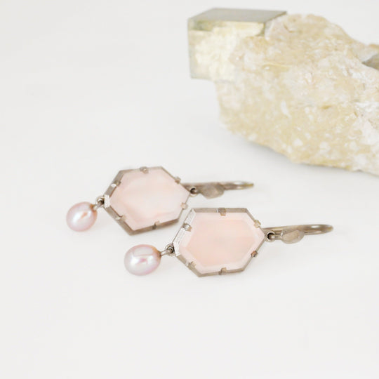 ‘Peak’ Rose Quartz & Pink Pearl Drop White Gold Earrings
