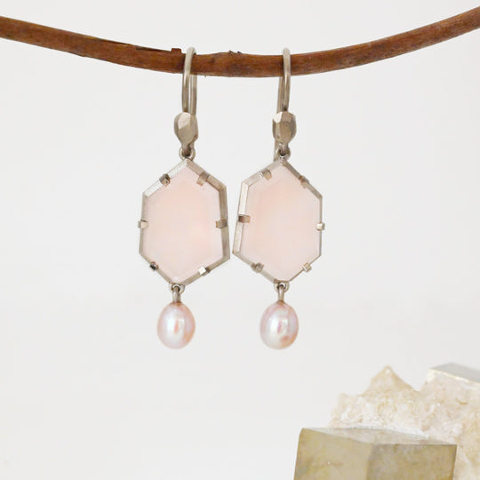 ‘Peak’ Rose Quartz & Pink Pearl Drop White Gold Earrings