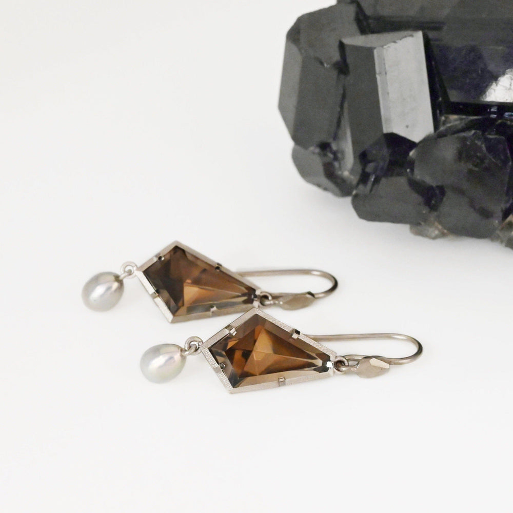 ‘Summit’ Smokey Quartz & Silver Pearl Drop White Gold Earrings Earrings Jason Ree Design 