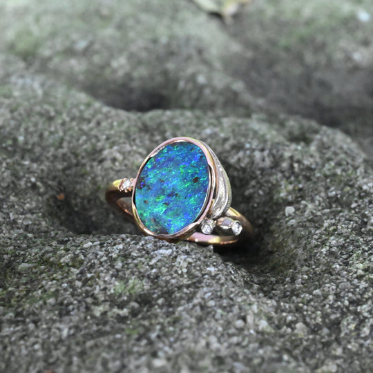 ‘Gumleaf’ 3.17ct Australian Blue/Green Boulder Opal Rose Gold Ring Jason Ree Design