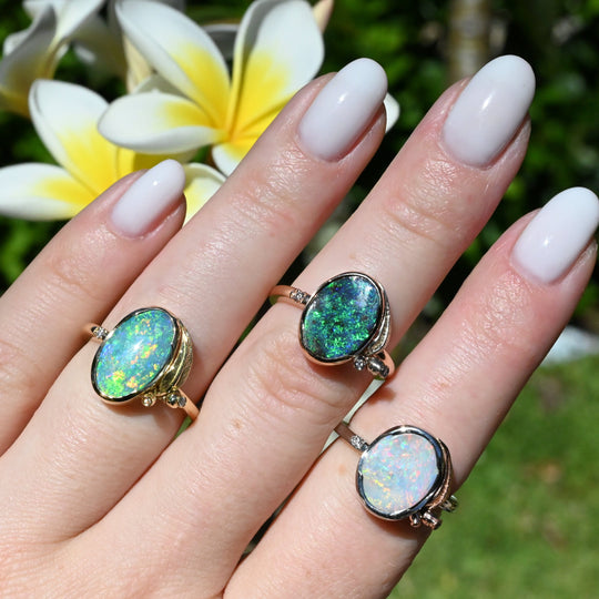 ‘Gumleaf’ 3.17ct Australian Blue/Green Boulder Opal Rose Gold Ring Jason Ree Design