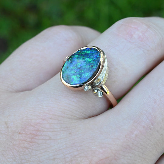 ‘Gumleaf’ 3.17ct Australian Blue/Green Boulder Opal Rose Gold Ring Jason Ree Design