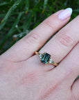 ‘Lily’ 1.51ct Green Australian Emerald-cut Sapphire & Diamond Ring wearing on hand