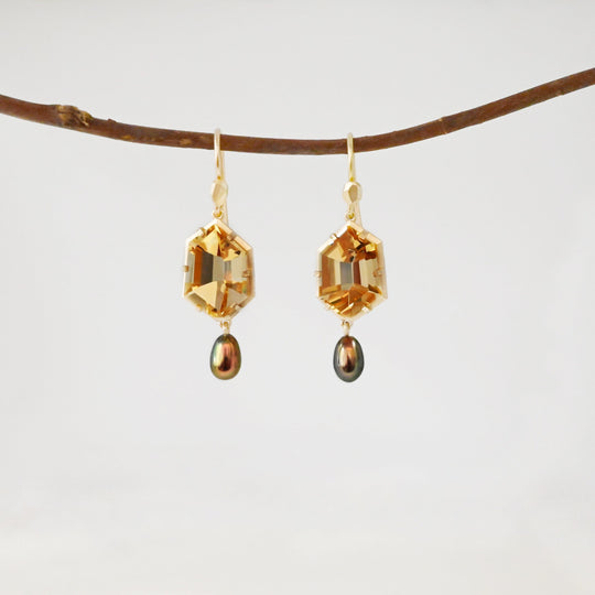 ‘Peak’ Citrine & Bronze Pearl Yellow Gold Earrings