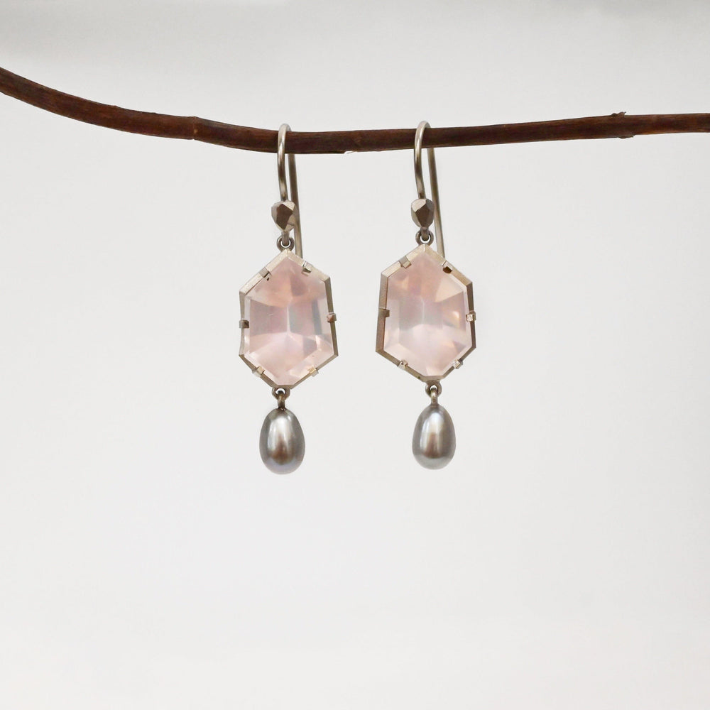 ‘Peak’ Rose Quartz & Silver Pearl White Gold Earrings