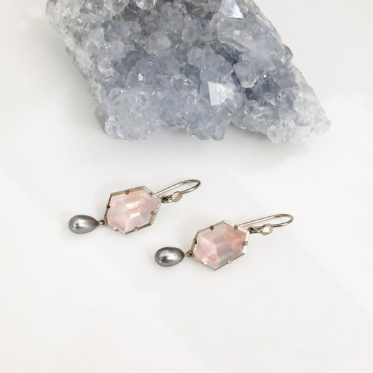 ‘Peak’ Rose Quartz & Silver Pearl White Gold Earrings
