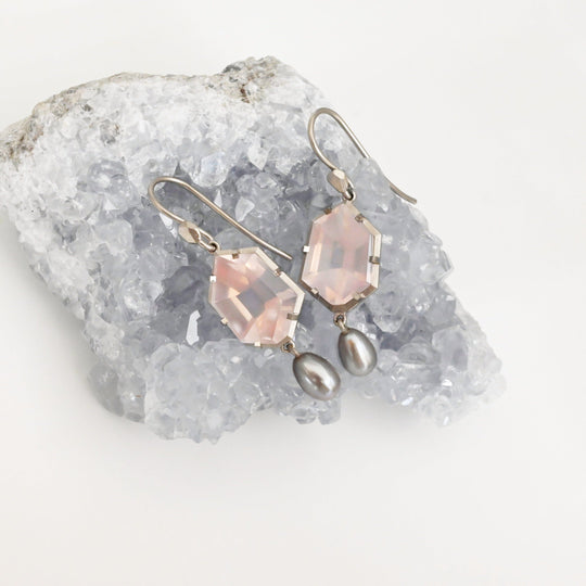 ‘Peak’ Rose Quartz & Silver Pearl White Gold Earrings