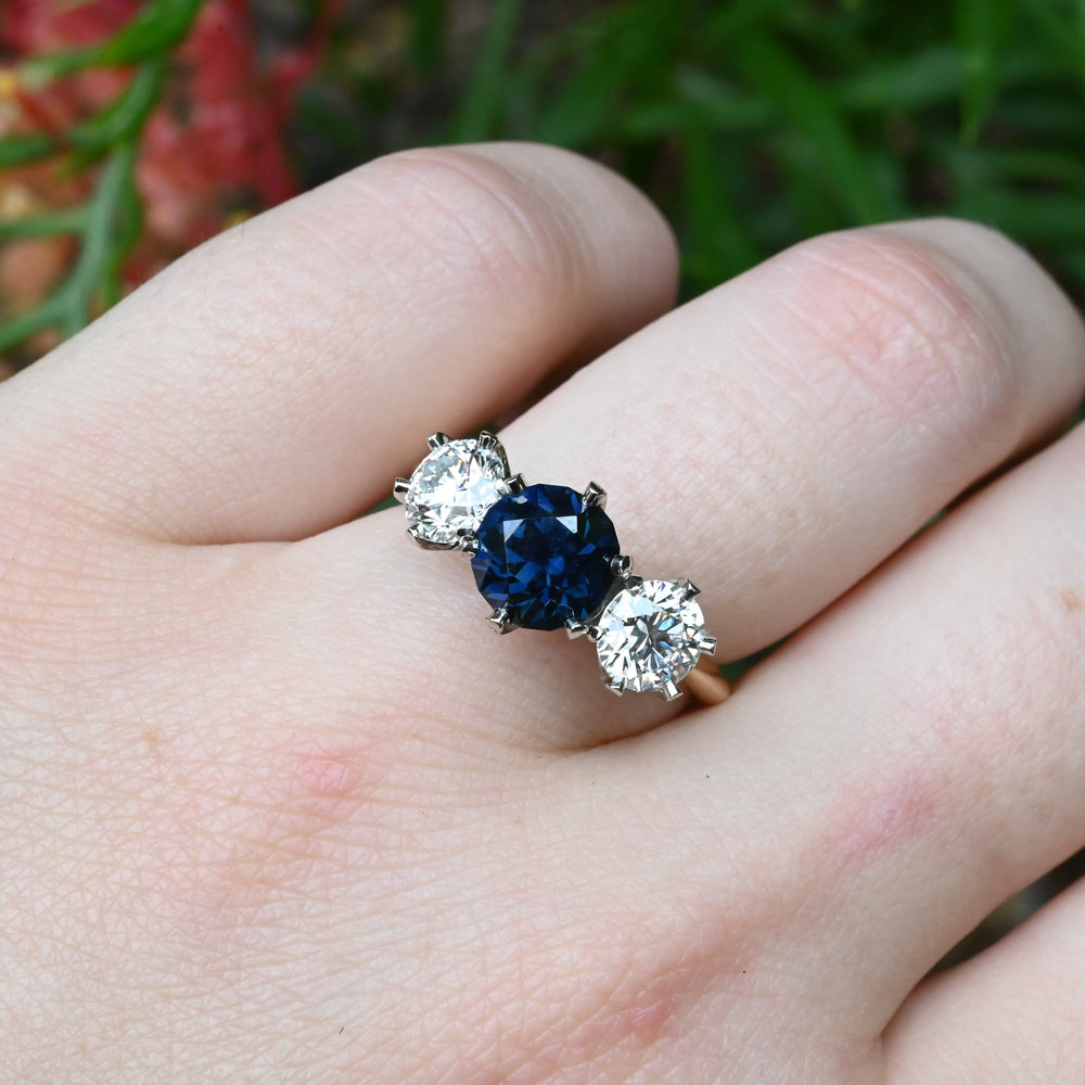 ‘Laurent’ 2.16ct Australian Sapphire & Lab Grown Diamond Trilogy Ring Ring Jason Ree Design