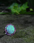‘Manuka Flower’ 5ct Black Opal, Purple Sapphire & Diamond Platinum Ring Ring Jason Ree Design
