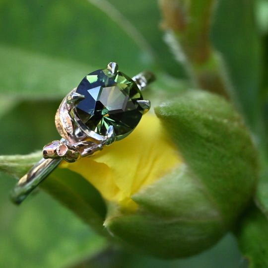 ‘Gumleaf’ Solitaire 1.23ct Australian Green/Bronze Sapphire Ring Ring Jason Ree Design