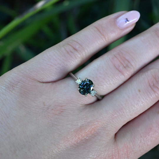 ‘Riverina’ 1.32ct Oval-cut Bright Teal Australian Sapphire & Diamond Platinum Ring Ring Jason Ree Design