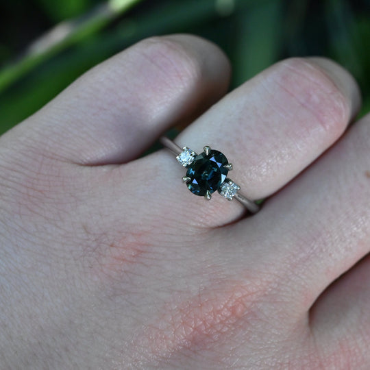 ‘Riverina’ 1.32ct Oval-cut Bright Teal Australian Sapphire & Diamond Platinum Ring Ring Jason Ree Design