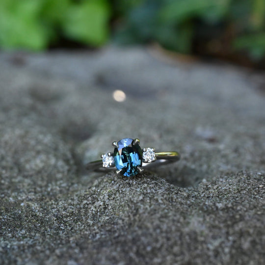 ‘Riverina’ 1.32ct Oval-cut Bright Teal Australian Sapphire & Diamond Platinum Ring Ring Jason Ree Design