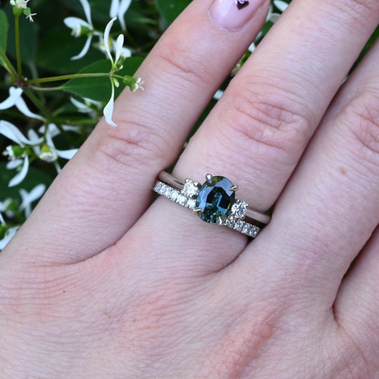 ‘Riverina’ 1.32ct Oval-cut Bright Teal Australian Sapphire & Diamond Platinum Ring Ring Jason Ree Design