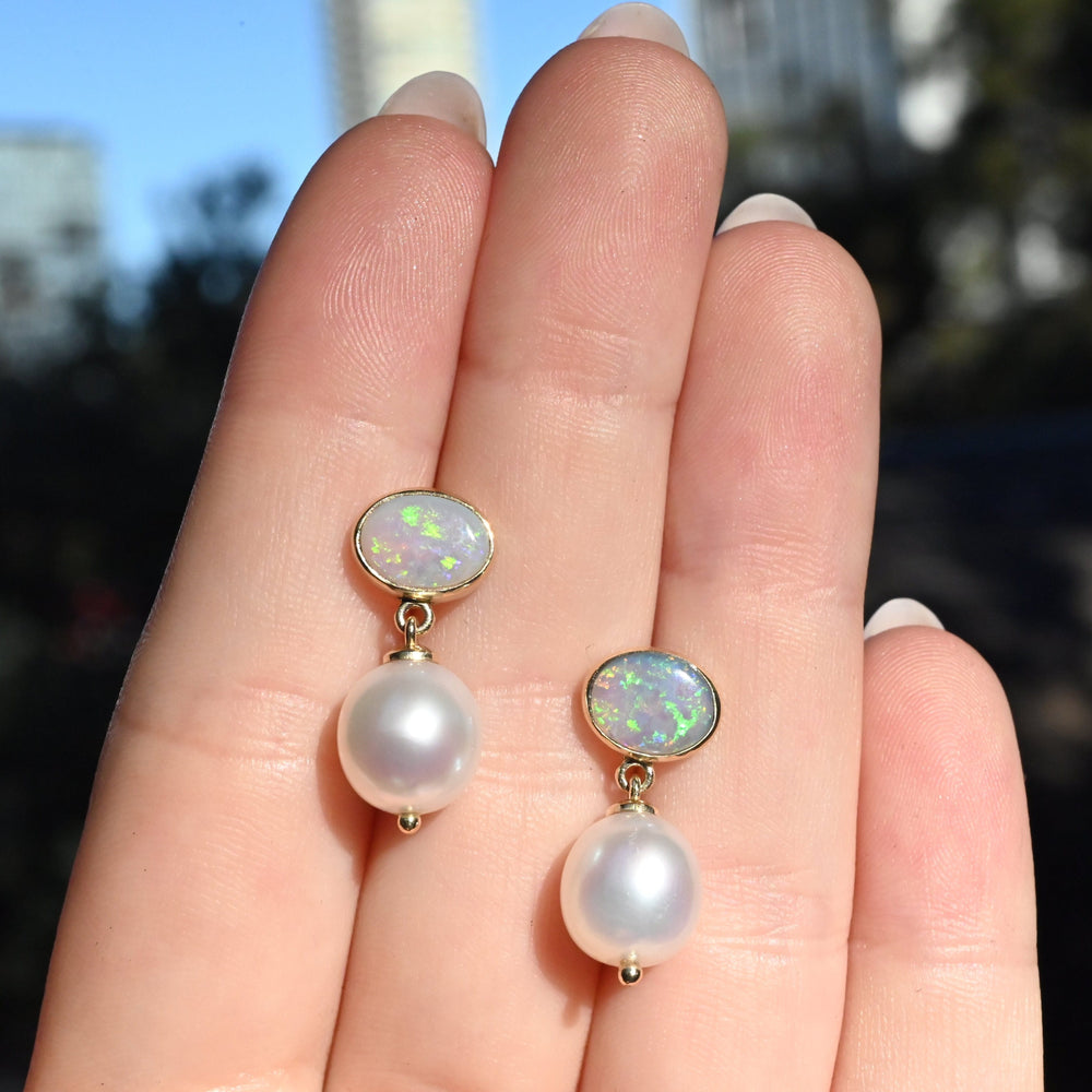 ‘Laguna’ Crystal Opal & South Sea Pearl Yellow Gold Earrings Earrings Jason Ree Design