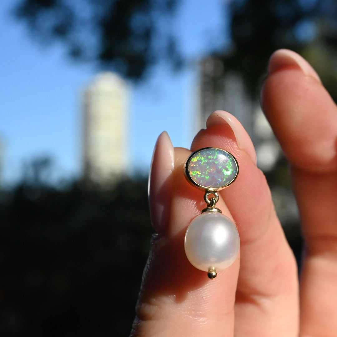 ‘Laguna’ Crystal Opal & South Sea Pearl Yellow Gold Earrings Earrings Jason Ree Design