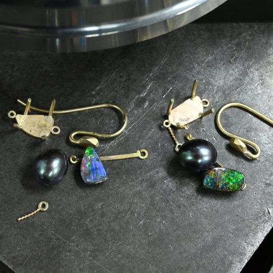 ‘Hibiscus’ 3.02cts Australian Boulder Opal & Pearl Yellow Gold Earrings Earrings Jason Ree Design