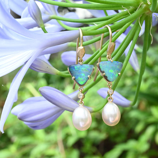‘Atoll’ Blue Green Australian Boulder Opal & Pearl Gold Earrings Earrings Jason Ree Design