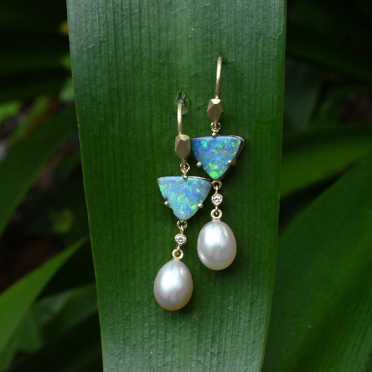 ‘Atoll’ Blue Green Australian Boulder Opal & Pearl Gold Earrings Earrings Jason Ree Design