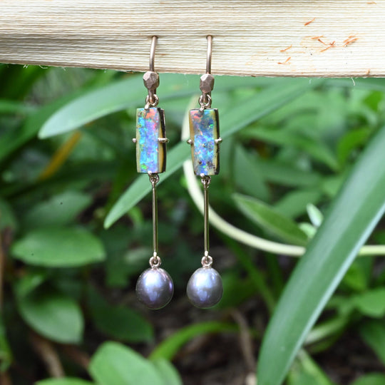 ‘Hibiscus’ 3.14cts Australian Boulder Opal & Pearl Rose Gold Earrings Earrings Jason Ree Design