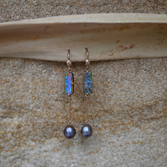 ‘Hibiscus’ 3.14cts Australian Boulder Opal & Pearl Rose Gold Earrings Earrings Jason Ree Design