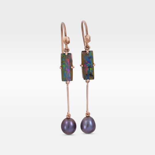 ‘Hibiscus’ 3.14cts Australian Boulder Opal & Pearl Rose Gold Earrings Earrings Jason Ree Design