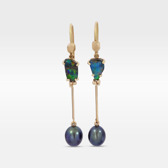 ‘Hibiscus’ 3.02cts Australian Boulder Opal & Pearl Yellow Gold Earrings Earrings Jason Ree Design