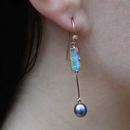 ‘Hibiscus’ 3.14cts Australian Boulder Opal & Pearl Rose Gold Earrings Earrings Jason Ree Design