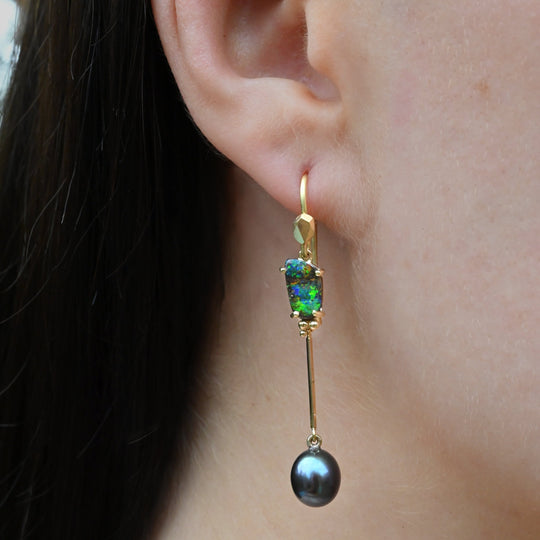 ‘Hibiscus’ 3.02cts Australian Boulder Opal & Pearl Yellow Gold Earrings Earrings Jason Ree Design