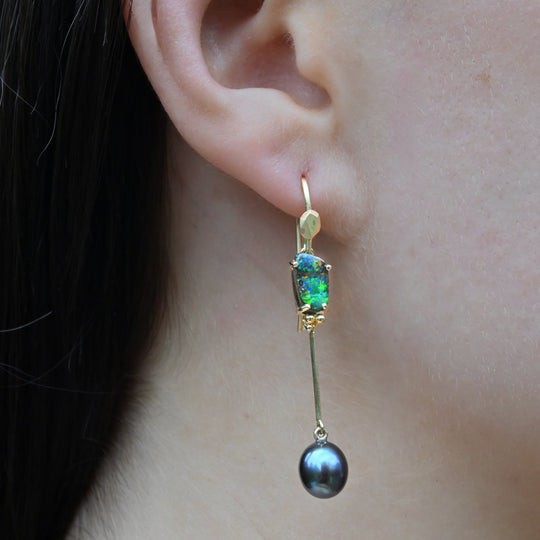 ‘Hibiscus’ 3.02cts Australian Boulder Opal & Pearl Yellow Gold Earrings Earrings Jason Ree Design