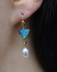 ‘Atoll’ 2.84ct Blue Green Australian Boulder Opal & Pearl Gold Earrings Earrings Jason Ree Design