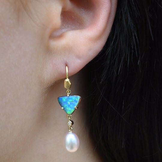 ‘Atoll’ 2.84ct Blue Green Australian Boulder Opal & Pearl Gold Earrings Earrings Jason Ree Design