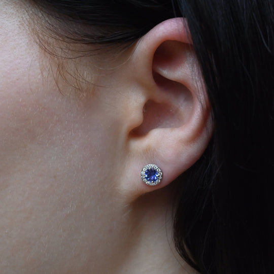 ‘Angelica’ Tanzanite & Diamond Halo White Gold Earrings Earrings Jason Ree Design