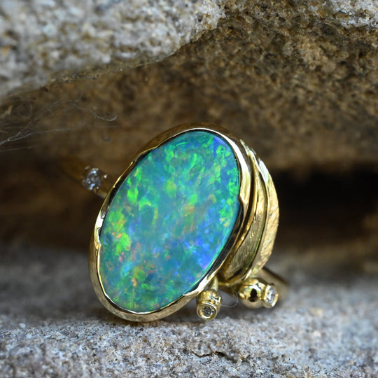 ‘Gumleaf’ 1.90ct Australian Crystal Opal 18ct Yellow Gold Ring Ring Jason Ree Design