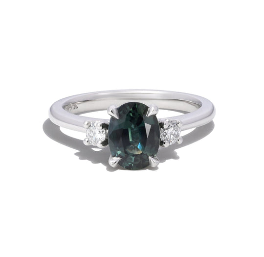 ‘Riverina’ 1.32ct Oval-cut Bright Teal Australian Sapphire & Diamond Platinum Ring Ring Jason Ree Design