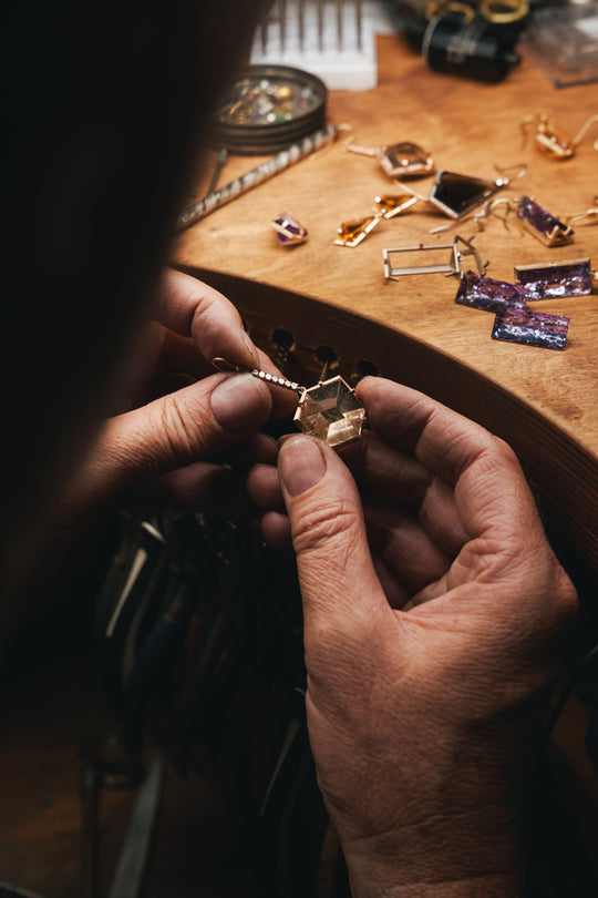‘Geode’ Rutilated Champagne Quartz & Diamond Drop Rose Gold Earrings crafting