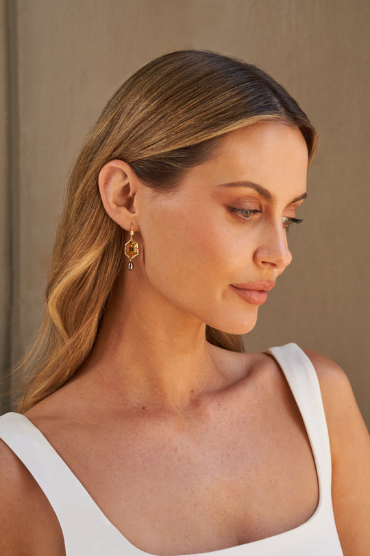 ‘Peak’ Citrine & Bronze Pearl Yellow Gold Earrings