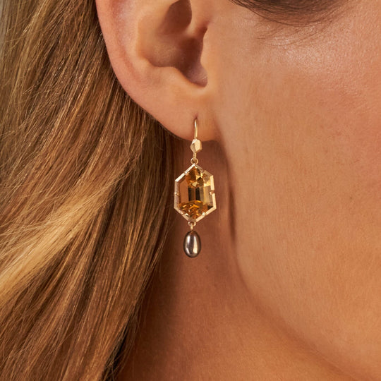 ‘Peak’ Citrine & Bronze Pearl Yellow Gold Earrings