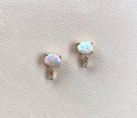 "Delaunay" 1.18ct Red Crystal Opal & Baguette Diamond Studs Earrings JasonRee 